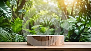 A wooden log on a wooden bench in a forest