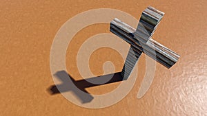 Wooden logg cross on an clay background. 3d illustration metaphor for God, Christ, Christianity