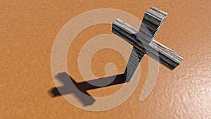 Wooden logg cross on an clay background. 3d illustration metaphor for God, Christ, Christianity photo