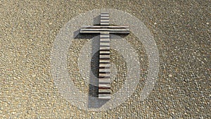 Wooden logg cross on a stone pavement background. 3d illustration metaphor for God, Christ, Christianity