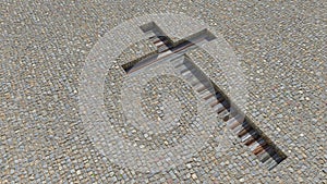 Wooden logg cross on a stone pavement background. 3d illustration metaphor for God, Christ, Christianity