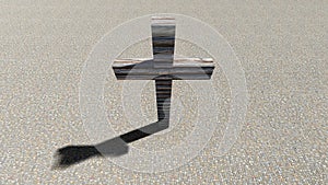 Wooden logg cross on a stone pavement background. 3d illustration metaphor for God, Christ, Christianity