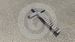 Wooden logg cross on a stone pavement background. 3d illustration metaphor for God, Christ, Christianity, photo