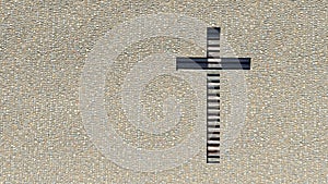 Wooden logg cross on a stone pavement background. 3d illustration metaphor for God, Christ, Christianity photo