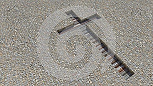 Wooden logg cross on a stone pavement background. 3d illustration metaphor for God, Christ, Christianity photo