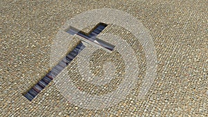 Wooden logg cross on a stone pavement background. 3d illustration metaphor for God, Christ, Christianity photo