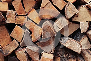 Wooden logs, beams, firewood, frame background. Harvesting for the winter