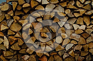 Wooden logs, beams, firewood, frame. A lot of wood. Wooden log wooden background. Fuel. Harvesting firewood for the winter.