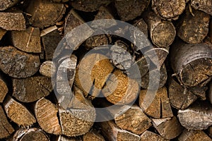 Wooden logs, beams, firewood, frame. A lot of wood. Wooden log wooden background. Fuel. Harvesting firewood for the winter. Loggin