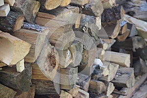 Wooden logs, beams, firewood, frame. Wooden log wooden background. Fuel. Harvesting firewood for the winter