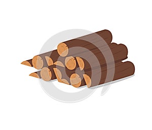 Wooden logs. Brown bark of felled dry wood. Purchase for construction. Vector illustration. A set of wooden straps for