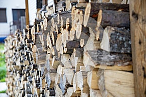 Wooden logs piled up into a stack,in the countryside of Durmitor,Montenegro