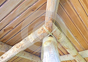 Wooden logs roof with rope closeup