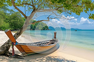 Wooden long tail boat on tropical seascape beach in ocean