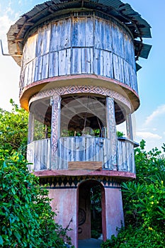 Wooden lookout gazebo/tower with zinc roof in peaceful quiet countryside setting.