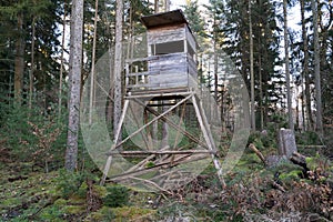 Wooden lookout tower for hunting in the forest