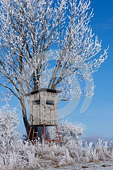 Wooden lookout tower for hunting in winter landscape with frozen trees and blue sky