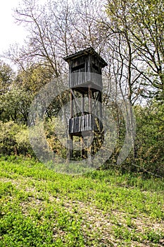 Wooden lookout tower for hunting in the woods