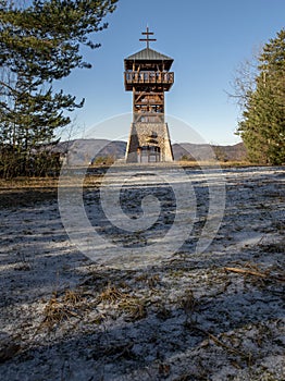 Wooden Lookout tower or observation tower Haj. Nova Bana. Slovakia photo