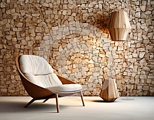 Wooden lounge chair near wild stone cladding wall. Rustic interi