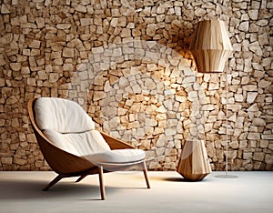 Wooden lounge chair near wild stone cladding wall. Rustic interi photo