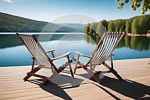 Wooden Lounge Chairs on Dock Overlooking Calm Lake and Green Hills for Relaxation and Enjoyment