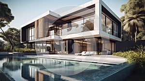 Wooden lounge chairs in modern villa pool and deck. AI Generative