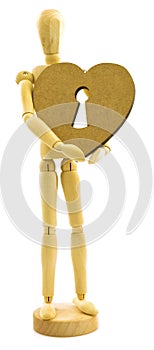 Wooden male person with heart with lock key