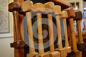 wooden mallets and hammers aligned on a vertical rack