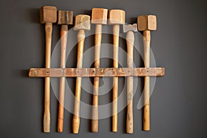 wooden mallets and hammers aligned on a vertical rack