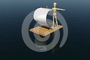 The wooden man floats on a raft with a white sail