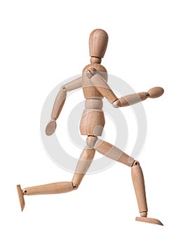 Wooden man Isolated on a white background. Gestalt in the shape of a running man