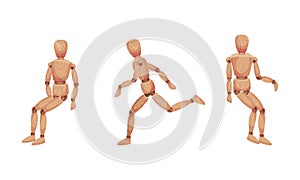 Wooden Man with Jointed Arm and Leg in Different Pose Vector Set