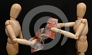 wooden manikin with australian twenty 20 dollar $ note