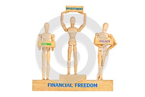 Wooden manikins human model standing and holding wooden block with text investment, saving and salary on medal podium isolated on