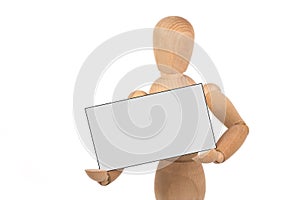 A wooden mannequin with business card