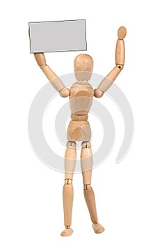 A wooden mannequin with business card