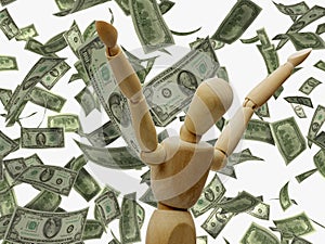 Wooden mannequin exulting hands up under rain of money success dollars isolated on white