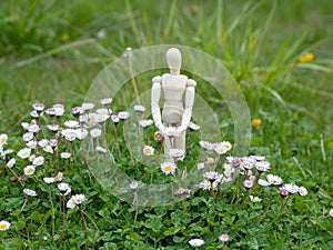 Wooden mannequin between flowers on springtime Ecology and garden concept