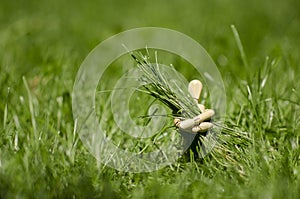 Wooden mannequin with grass sheaf in hands