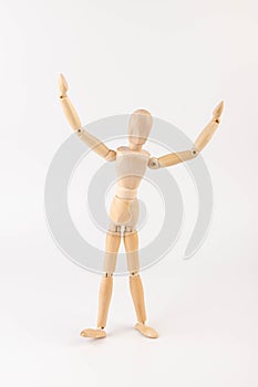 Wooden Mannequin, hopping, playing, without base, plain background, gesture, pose