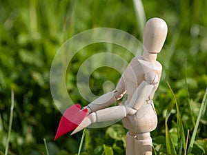 Wooden mannequin with a red heart on his hands in the grass. Concept of romanticism and love