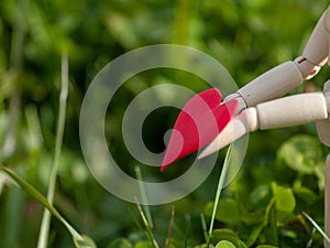 Wooden mannequin with a red heart on his hands in the grass. Concept of romanticism and love