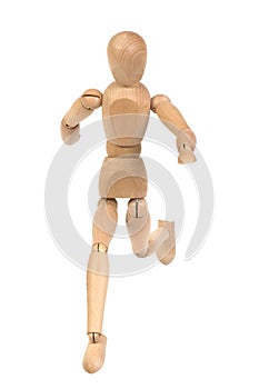 A wooden mannequin running