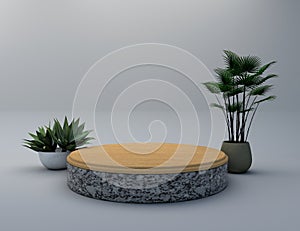 wooden marble product stand with plant