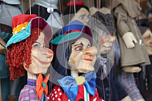 Wooden marionette puppets for a children theater