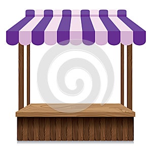 Wooden market stall with purple and pink awning. photo