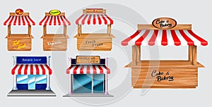 Wooden market stand stall and various kiosk, with red and white striped awning   isolated