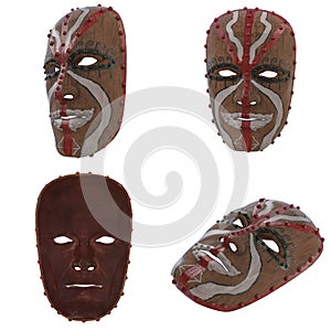 Wooden mask painted with paints on an isolated white background. 3d illustration