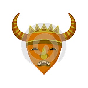 Wooden mask with sharp teeth and big horns. Ethnic symbol of voodoo people. Flat vector for promo flyer of tourist